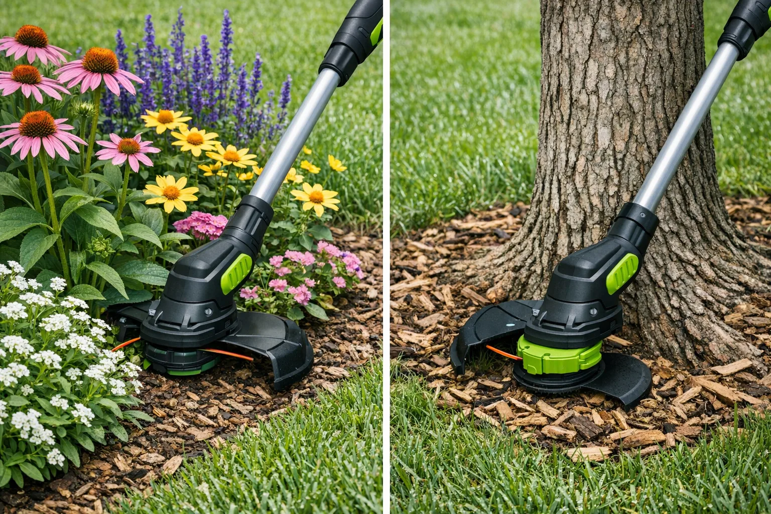 Spezielle Techniken fuer die Rasentrimmer-Nutzung in Blumenbeeten und um Baeume